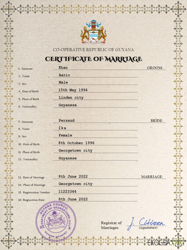 Modèle PSD de certificat de mariage en Guyane